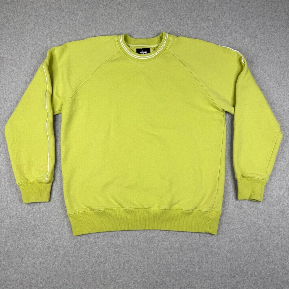 Stussy Sweatshirt Mens Medium Highligther‎ Yellow Crew Neck Pullover Cotton